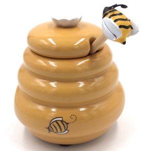 HONEY MIEL Ceramic Beehive Honey Pot and Wooden Dipper Honey Jar with Lid Honey